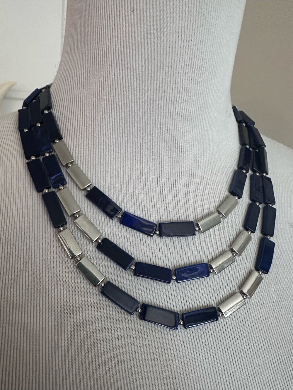 Three-Strand Dark Blue Tile & Silver Rectangular Bead Necklace